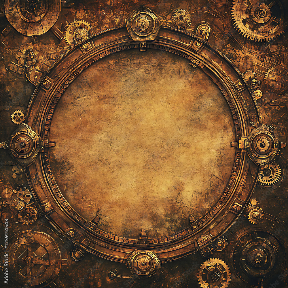 Fototapeta premium Circular Steampunk Gear Frame Brown Grunge Background