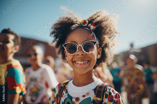 Young African-American girl playing with friends in school yard photo