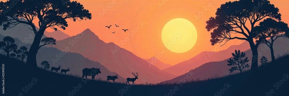 Fototapeta premium Forest landscape with silhouetted trees and wild animals roaming free, trees, animals, roam