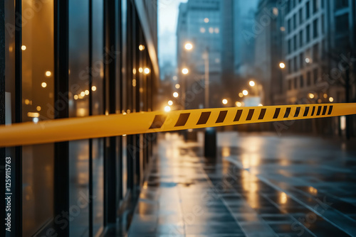 Caution tape blocks access to a city street after rain in the evening hours