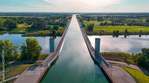 Aerial drone view Magdeburg Water Bridge the longest shipping bridge in Europe. Aqueduct Germany. High quality 4k footage