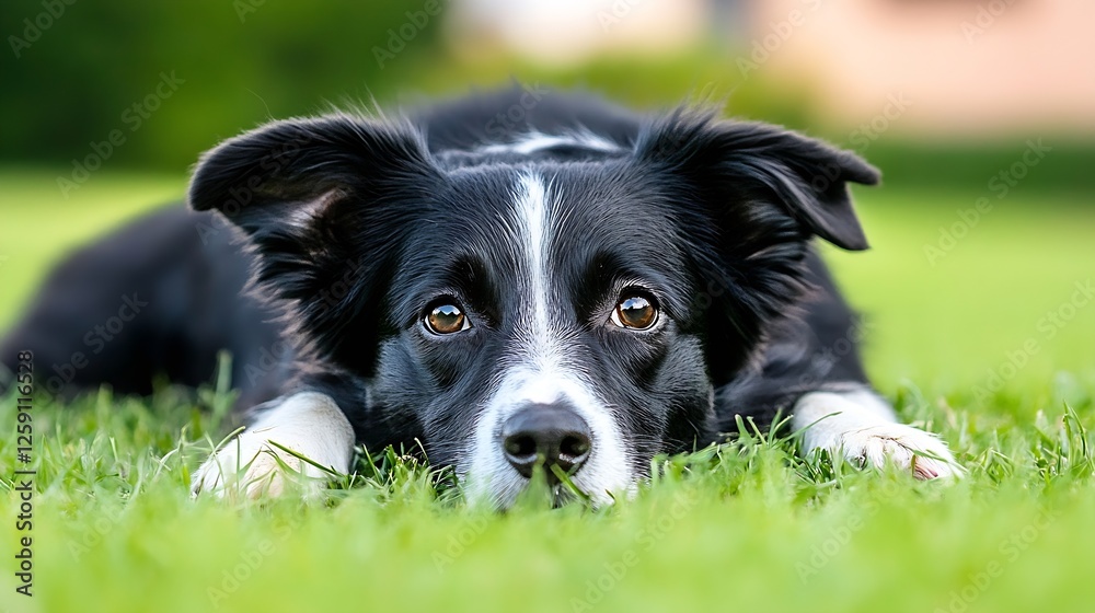 Adorable black and white dog resting on green grass with expressive eyes showcasing calm and playful nature : Generative AI Adorable black and white dog resting on green grass with expressive eyes showcasing calm and playful nature : Generative AI