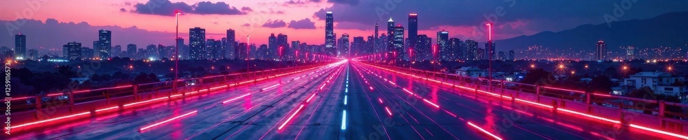 Fototapeta premium Glowing neon lines zoom in on a futuristic cityscape at dusk, vibrant colors, abstract shapes, cityscape