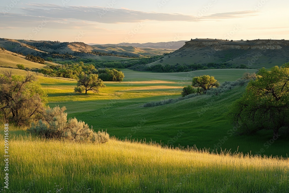 Obraz premium A serene rural landscape showcasing lush green rolling hills basking under a golden sunset, exuding a tranquil and picturesque atmosphere reminiscent of pastoral beauty and natural grandeur.