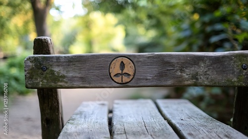 Wooden Park Bench With Nature Emblem Inviting Relaxation Among Trees in a Lush Green Park Setting : Generative AI photo