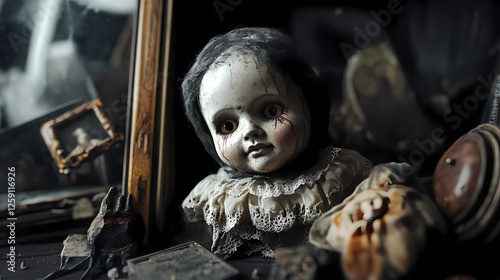 Old, creepy items like antique dolls or cursed relics with dark, ominous backgrounds. cursed & haunted objects. illustration. Haunted Relics. Illustration