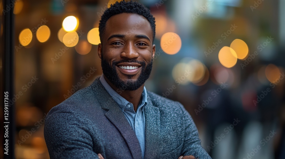 Fototapeta premium A confident man in a gray blazer smiling warmly with arms crossed in an urban setting, surrounded by beautiful bokeh lights