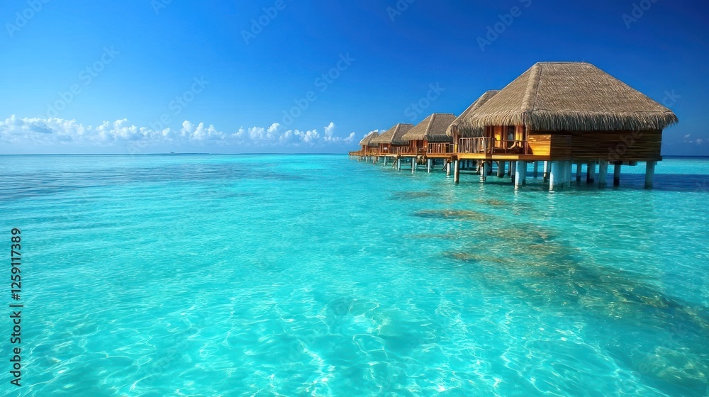 Overwater bungalows line a turquoise tropical ocean Overwater bungalows line a turquoise tropical ocean