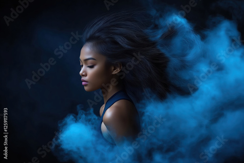 Elegant portrait of a young woman with flowing hair surrounded by blue mist
