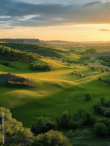 Wallpaper Mural A serene rural landscape showcasing lush green rolling hills basking under a golden sunset, exuding a tranquil and picturesque atmosphere reminiscent of pastoral beauty and natural grandeur. Torontodigital.ca