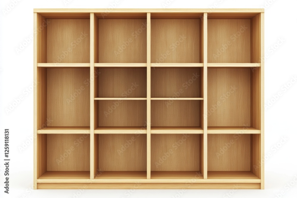 Empty light wooden bookcase on white background Empty light wooden bookcase on white background