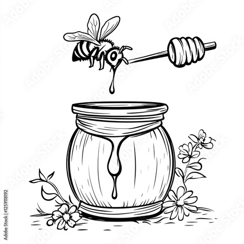 Honeybee collecting honey from jar, simple illustration, botanicals photo