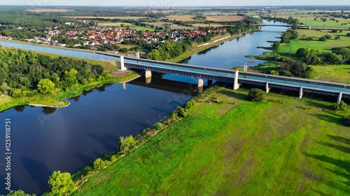 Aerial drone view Magdeburg Water Bridge the longest shipping bridge in Europe. Aqueduct Germany. High quality 4k footage