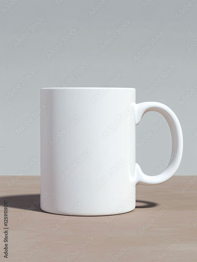 Obraz premium Blank white ceramic coffee mug on smooth surface against a minimalist background, ready for personalization and daily use in relaxed settings