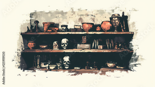 A forgotten cellar with dusty relics and strange talismans on shelves. soft sighs echo, though no one is there. Haunted Relics. Illustration