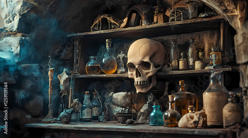 A forgotten cellar with dusty relics and strange talismans on shelves. soft sighs echo, though no one is there. Haunted Relics. Illustration