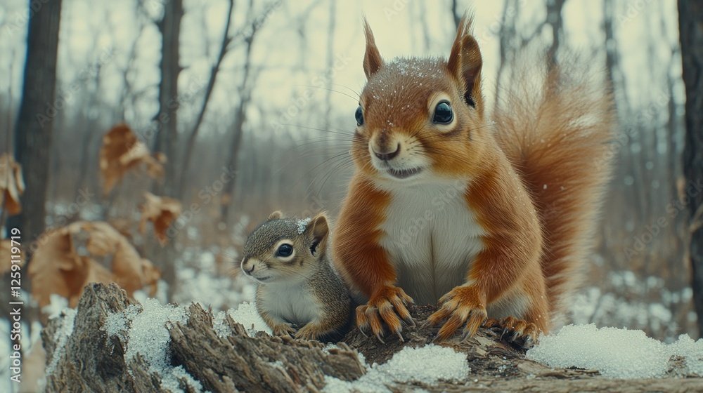 Adorable Red Squirrel and Kit in Winter Wonderland Adorable Red Squirrel and Kit in Winter Wonderland