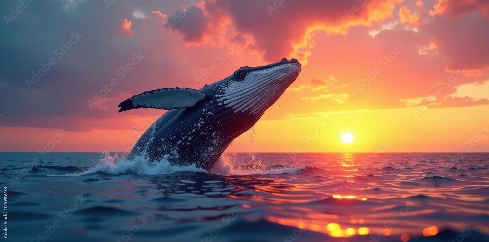 Fototapeta premium Giant whale breaching the ocean surface at sunset , whales, sunset, wildlife