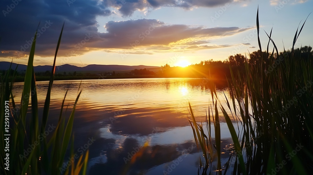 Tranquil Sunset Reflection on a Calm Lake with Silhouettes of Tall Grasses : Generative AI Tranquil Sunset Reflection on a Calm Lake with Silhouettes of Tall Grasses : Generative AI