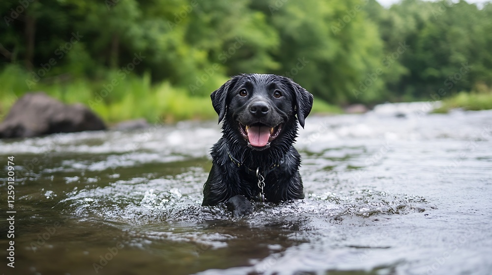 Happy Labrador Retriever Swimming Playfully in a River : Generative AI Happy Labrador Retriever Swimming Playfully in a River : Generative AI