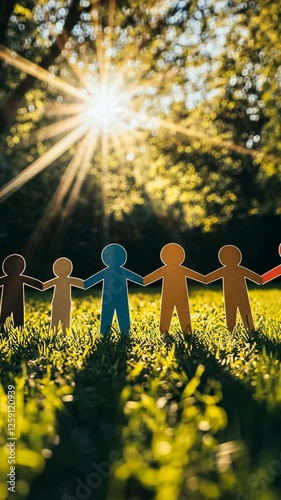 Colorful paper figures hold hands in sunlight, symbolizing unity and friendship in a serene outdoor setting