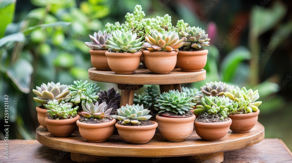 Succulents in Terracotta Pots on Wooden Stand Succulents in Terracotta Pots on Wooden Stand