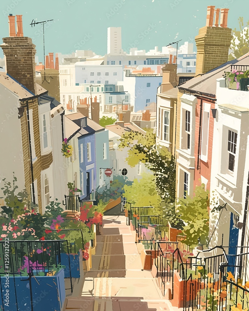 Fototapeta premium London street with brick terrace houses and flowers, watercolor style