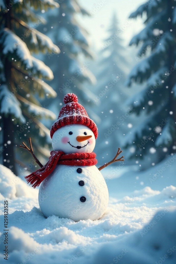 Happy snowman in a snowy forest with tall pine trees and white snowflakes falling gently around him, soft focus, warm Happy snowman in a snowy forest with tall pine trees and white snowflakes falling gently around him, soft focus, warm