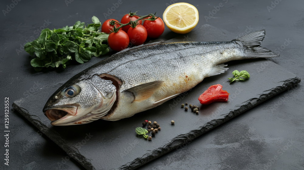 Fresh seabass fish on stone black table with spices, herbs, lemon, tomatoes. Culinary background.. Fresh seabass fish on stone black table with spices, herbs, lemon, tomatoes. Culinary background..