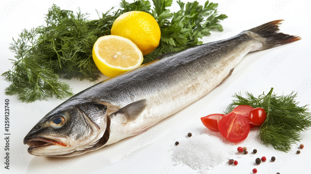 Fresh seabass fish on stone black table with spices, herbs, lemon, tomatoes. Culinary background.. Fresh seabass fish on stone black table with spices, herbs, lemon, tomatoes. Culinary background..