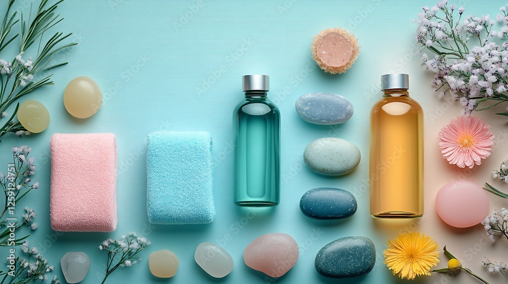 Colorful spa arrangement with bottles, sponges, and stones on a serene background Colorful spa arrangement with bottles, sponges, and stones on a serene background