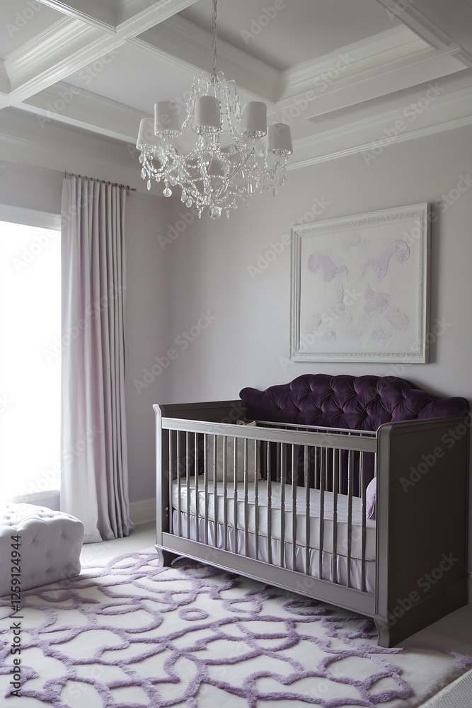 Elegant and Modern Baby Nursery with Cozy Crib and Stylish Decor Featuring Soft Purple Accents : Generative AI Elegant and Modern Baby Nursery with Cozy Crib and Stylish Decor Featuring Soft Purple Accents : Generative AI