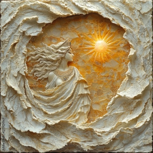 Goddess Bas Relief Sunlit Waves Crowned Figure photo