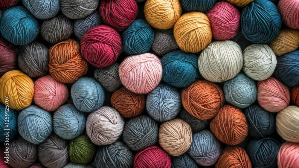 A seamless spread of knitting yarn balls in various colors, tightly arranged to fill the entire frame with their soft, cozy, and textured appearance.