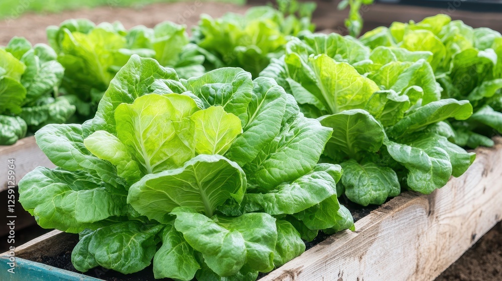 Fresh Crisp Green Lettuce Growing in a Wooden Planter Box on a Sunny Day in a Vegetable Garden Fresh Crisp Green Lettuce Growing in a Wooden Planter Box on a Sunny Day in a Vegetable Garden