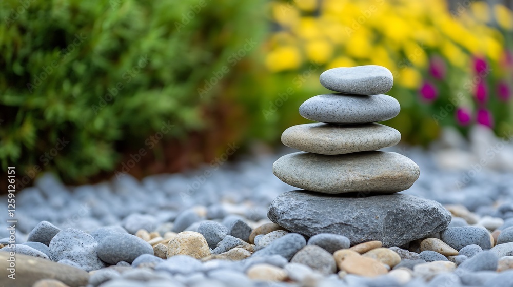 Serene Zen Garden with Balanced Pebble Stack Surrounded by Colorful Flora and Soft Stones : Generative AI Serene Zen Garden with Balanced Pebble Stack Surrounded by Colorful Flora and Soft Stones : Generative AI