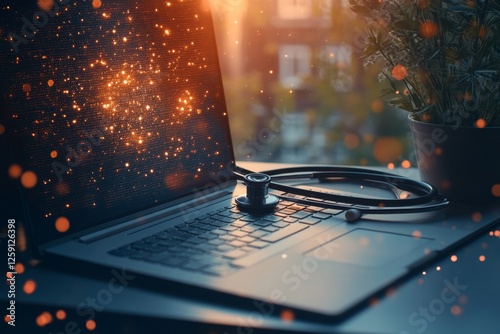 Laptop with stethoscope at window, sunrise bokeh background, telehealth concept photo