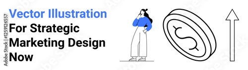 Woman thinking alongside dollar coin and upward arrow. Symbolizing strategy, financial success, innovation. Ideal for marketing, business growth, entrepreneurship, finance, planning analysis flat