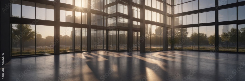 Modern corporate office building at dawn with sunlight filtering through windows , modern, dawn, architecture Modern corporate office building at dawn with sunlight filtering through windows , modern, dawn, architecture