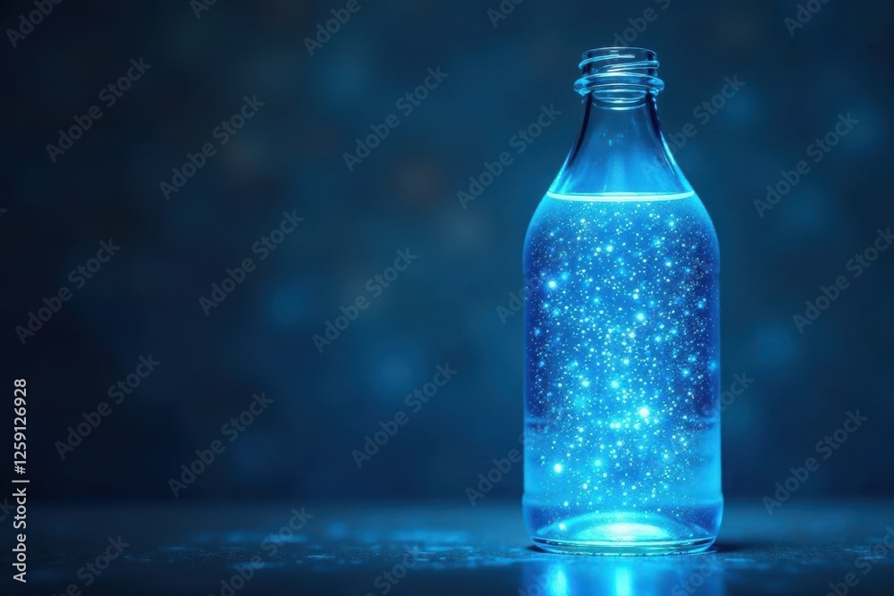 Clear liquid in a glass bottle with soft blue glow, glowing water, clarity Clear liquid in a glass bottle with soft blue glow, glowing water, clarity