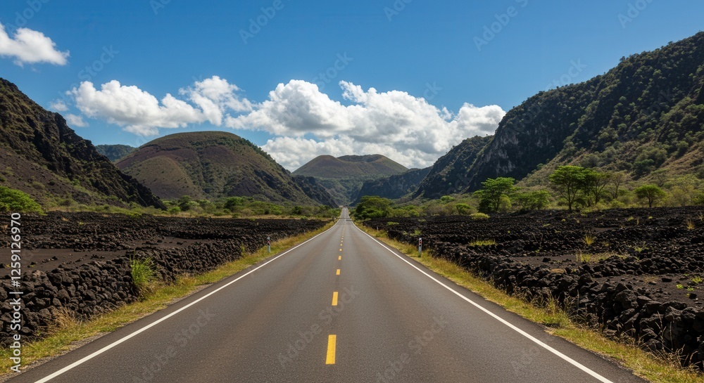 Fototapeta premium Driving on Asphalt Road Between Volcanic Rock and Green Mountains