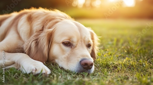 Golden Retriever Dog Lying in a Green Field Under the Warm Evening Sunlight : Generative AI photo