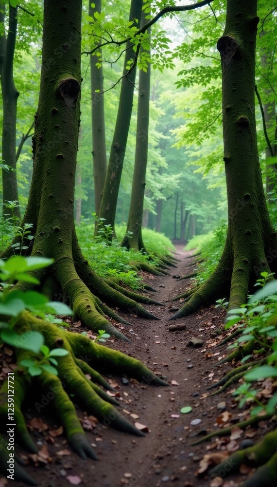 Muddy forest with moss-covered tree trunks and gnarled branches, texture, foliage Muddy forest with moss-covered tree trunks and gnarled branches, texture, foliage