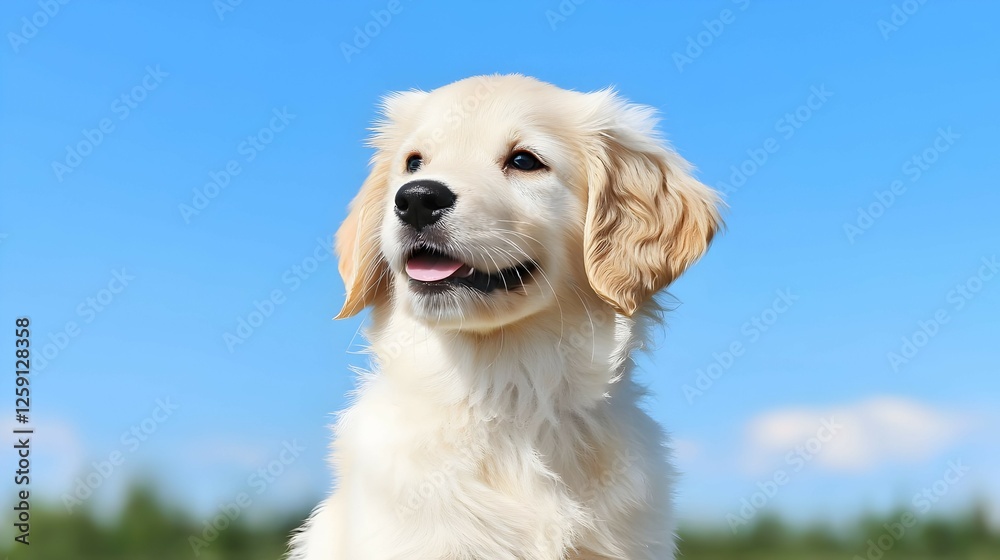Golden Retriever Puppy Portrait Against Clear Blue Sky Golden Retriever Puppy Portrait Against Clear Blue Sky