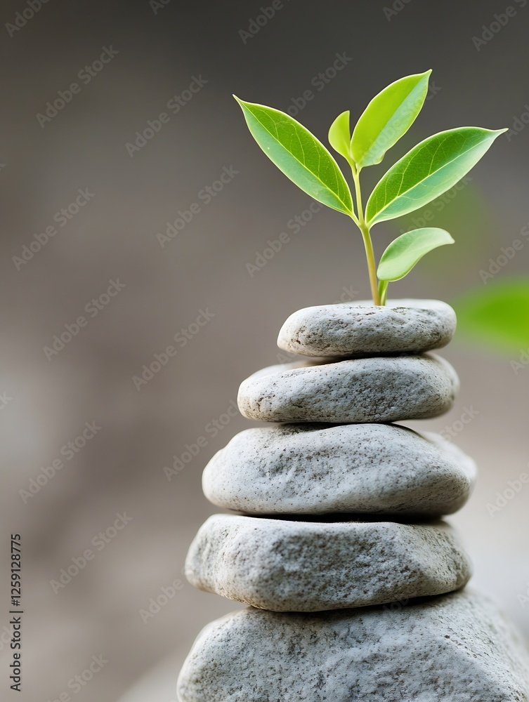 Balanced Stone Tower with Fresh Green Plant Symbolizing Growth and Serenity : Generative AI Balanced Stone Tower with Fresh Green Plant Symbolizing Growth and Serenity : Generative AI
