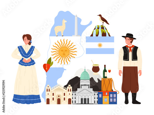 Travel to Argentina, infographic collage with giant map and flag, tourist attractions, culture elements and nature, landmarks. Argentines man and woman in national costumes cartoon vector illustration