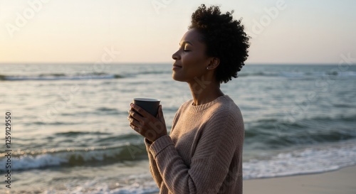 A woman enjoys a peaceful morning at the beach, sipping coffee with a smile of gratitude.
