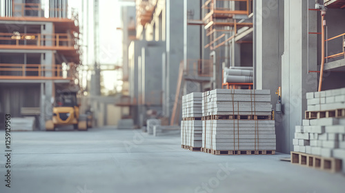 Construction Site with Concrete Blocks and Forklift