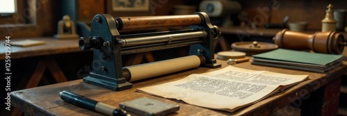 Old-fashioned printmaking equipment on display, printmaking, workshop, display