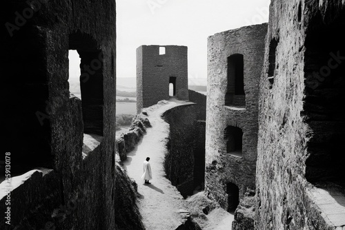 A gothic castle compound surrounded by towering stone walls, with mysterious figures lurking in the shadows